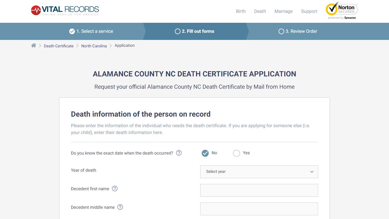 Alamance County NC Death Certificate Application - Vital Records Online